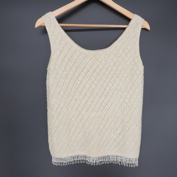Cyn Les Tops - Vintage Hand Beaded Tank Womens 38  M Ivory Sequin Fringe Lambswool Camisole Top